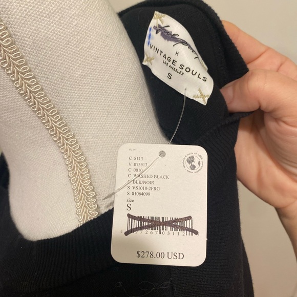 New Free People X Vintage Soul Crystal Fringe Crew Size S Washed Black - Picture 13 of 14